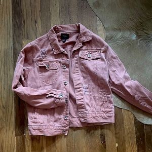 Coral/salmon oversized distressed denim jacket